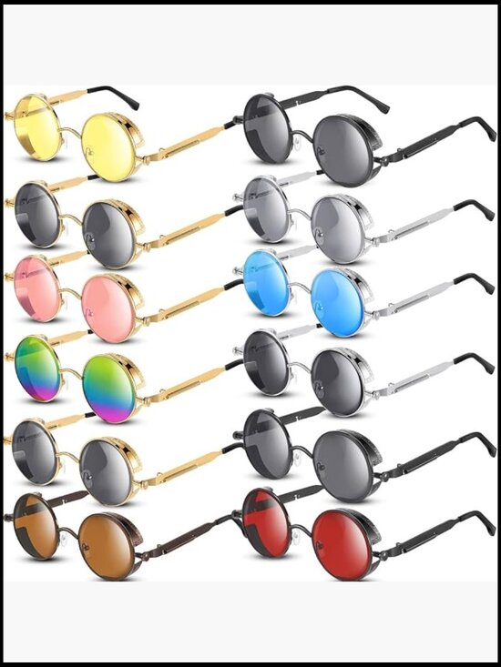 12 Pairs Steampunk Round Sunglasses Retro Hippie Circle Glasses for Women Men